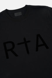 Black Cotton Tee Flocked RTA Logo Close-Up Detail View | RTA