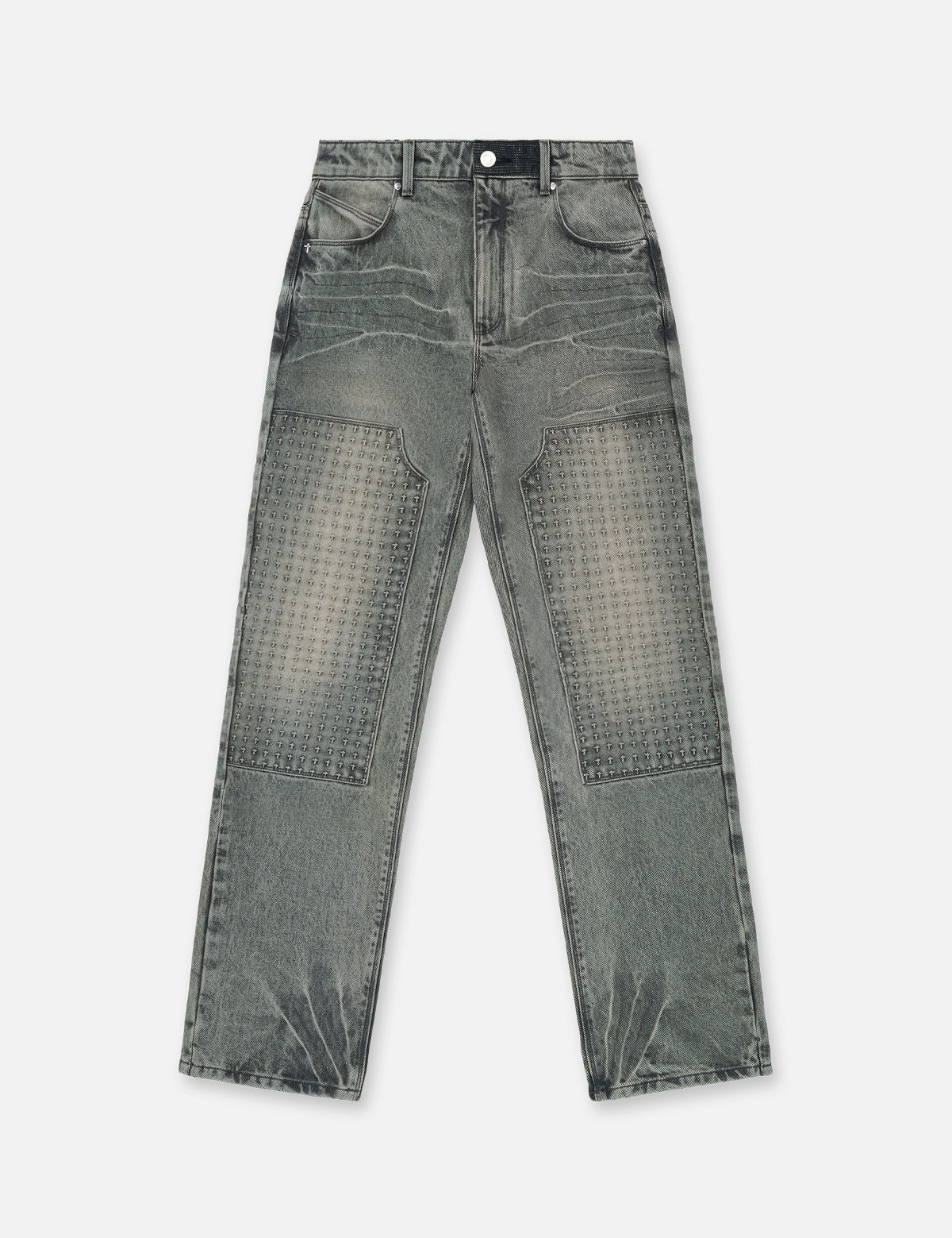 Iron Haze Grey Slim Fit Carpenter Jeans with Embossed Cross Panels - Front View | RTA