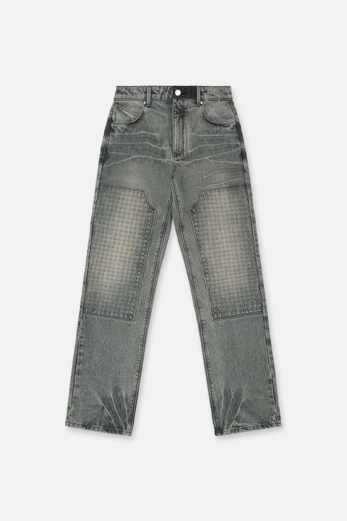 Iron Haze Grey Slim Fit Carpenter Jeans with Embossed Cross Panels - Front View | RTA