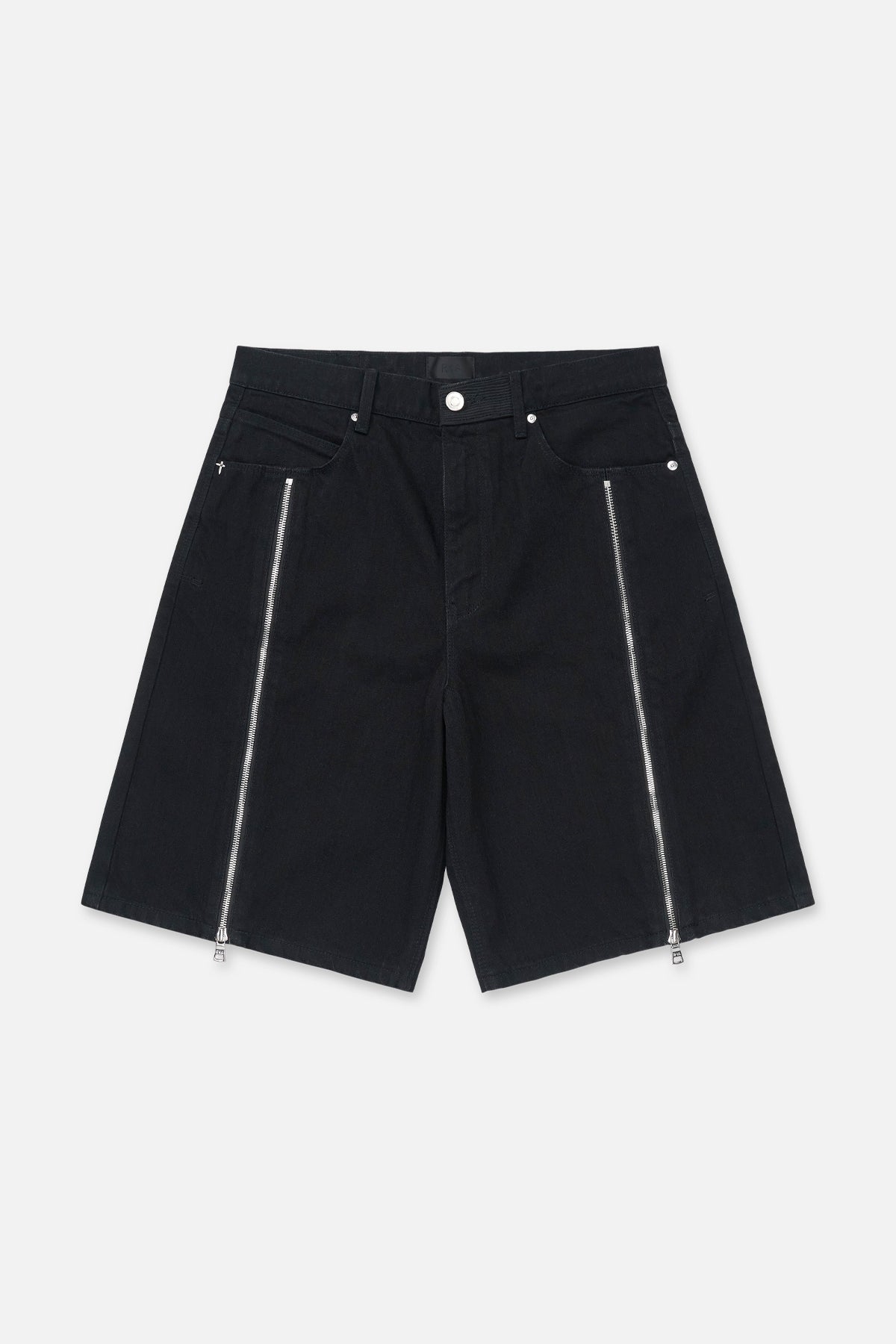 Black Denim Caleb Shorts with Zip Details - Front View | RTA