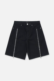 Black Denim Caleb Shorts with Zip Details - Front View | RTA