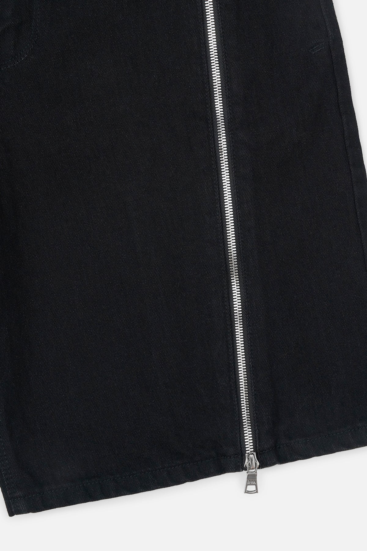 Black Denim Caleb Shorts Zip Detail - Close-up View | RTA