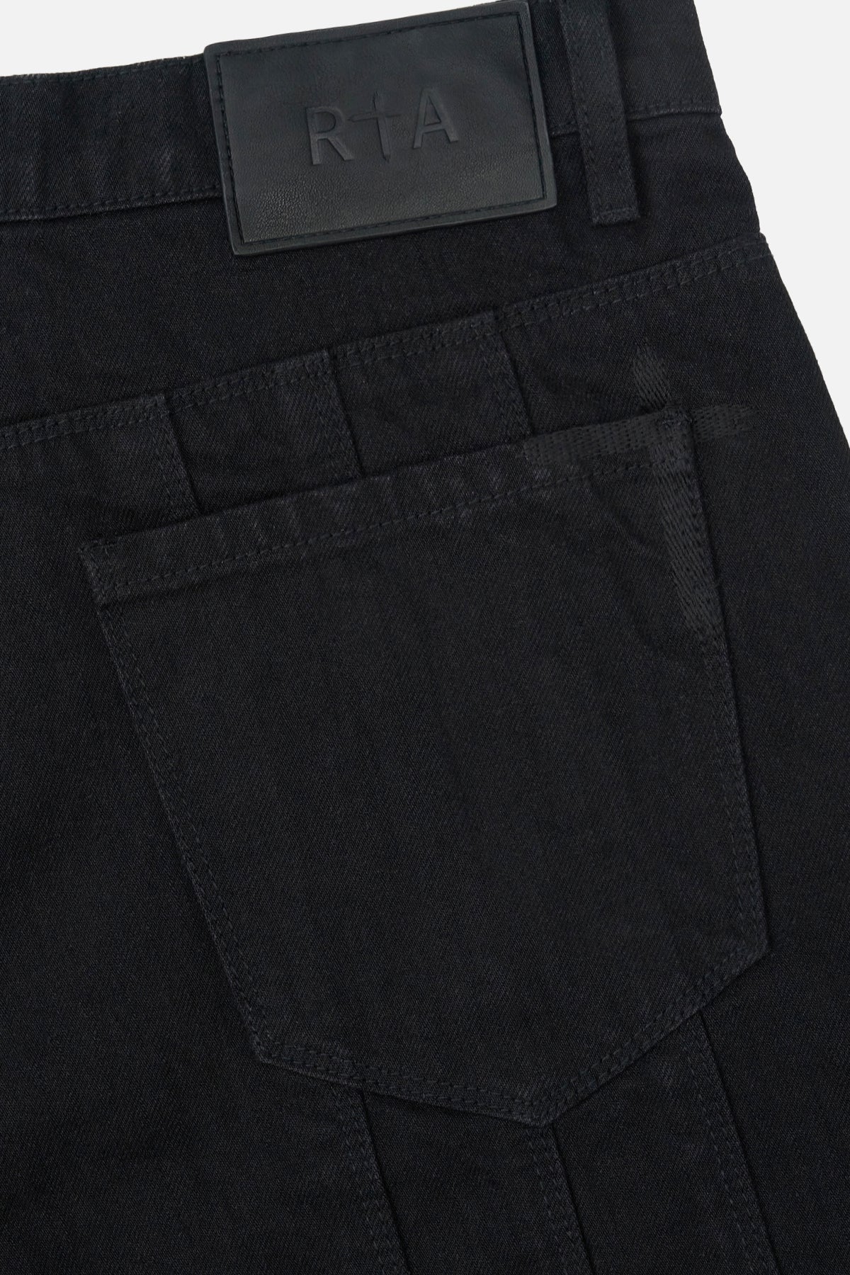 Black Denim Caleb Shorts Back Pocket and Patch - Detail View | RTA