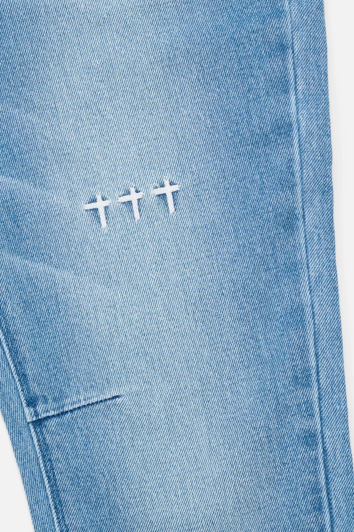 Glacier Blue Denim Triple Cross Embroidery Detail - Close-up View | RTA