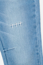 Glacier Blue Denim Triple Cross Embroidery Detail - Close-up View | RTA