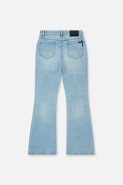 Ocean Mist Denim Mael Flare Jean - Back View with Cross Detail | RTA