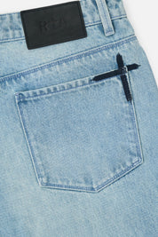 Black Cross Embroidery Back Pocket Detail - Ocean Mist Flare Jean | RTA