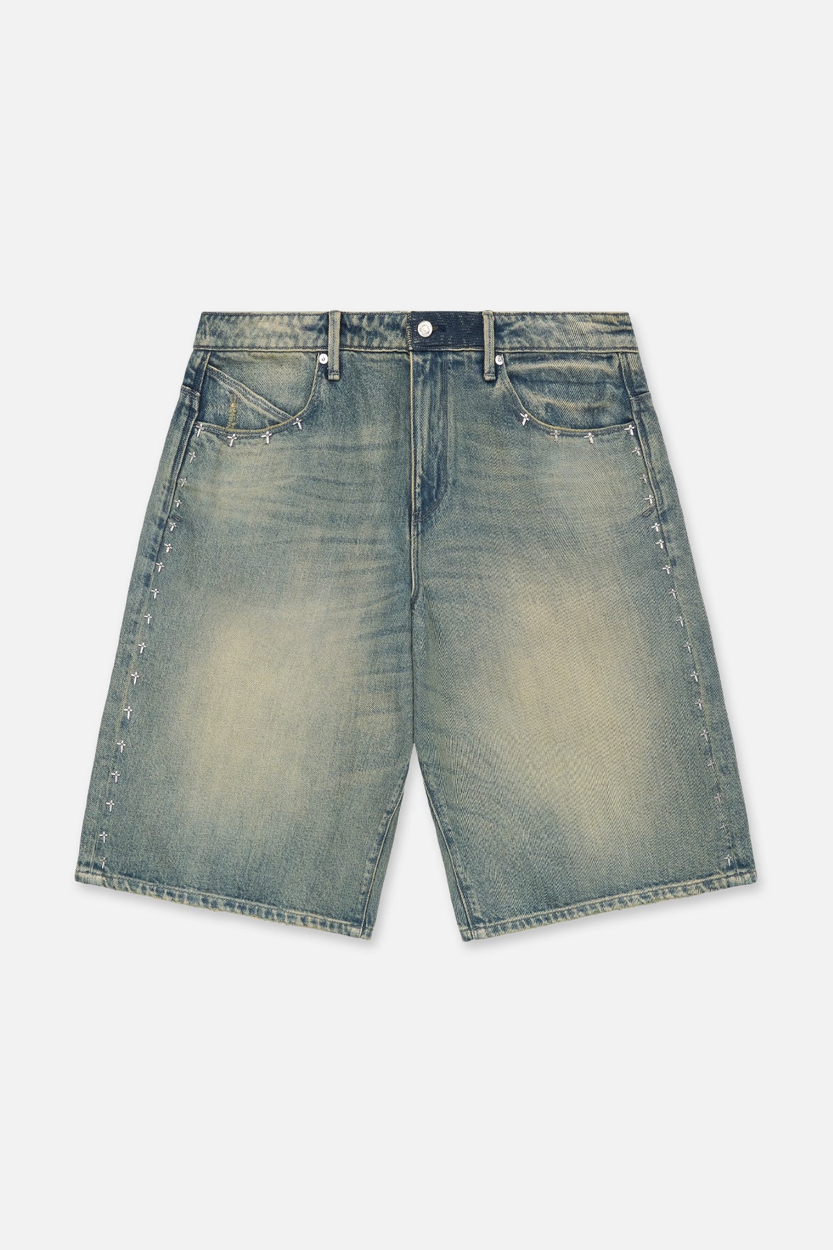 Dawn Wave Washed Denim Shorts with Cross Rivets - Front View | RTA