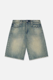 Dawn Wave Washed Denim Shorts with Cross Rivets - Front View | RTA