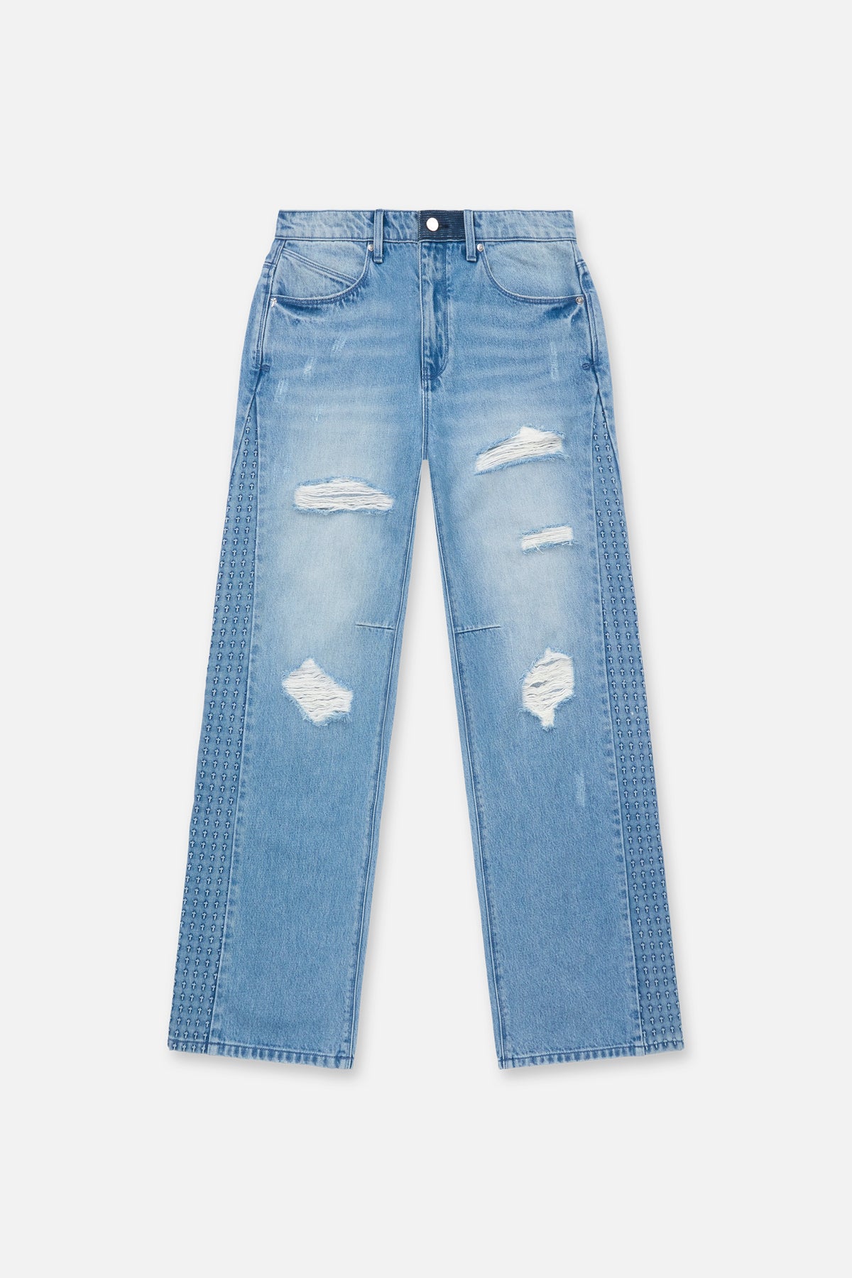 Glacier Blue Distressed Denim Straight Leg Jeans with 3D Cross Details - Front View | RTA