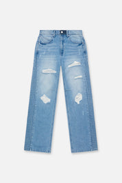 Glacier Blue Distressed Denim Straight Leg Jeans with 3D Cross Details - Front View | RTA