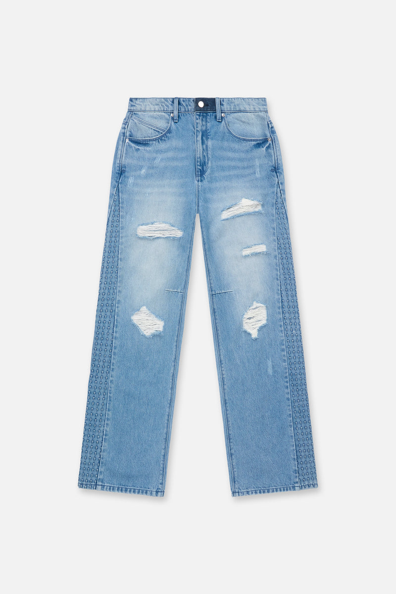 Glacier Blue Distressed Denim Straight Leg Jeans with 3D Cross Details - Front View | RTA