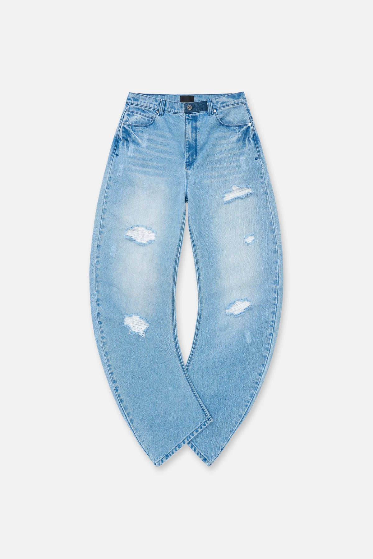 Glacier Blue Distressed Denim Barrel Leg Jeans - Flat Lay Front | RTA