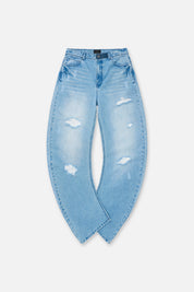 Glacier Blue Distressed Denim Barrel Leg Jeans - Flat Lay Front | RTA