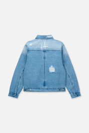 Glacier Blue Cotton Denim Jacket - Back View Flat Lay with Cross Graphics | RTA