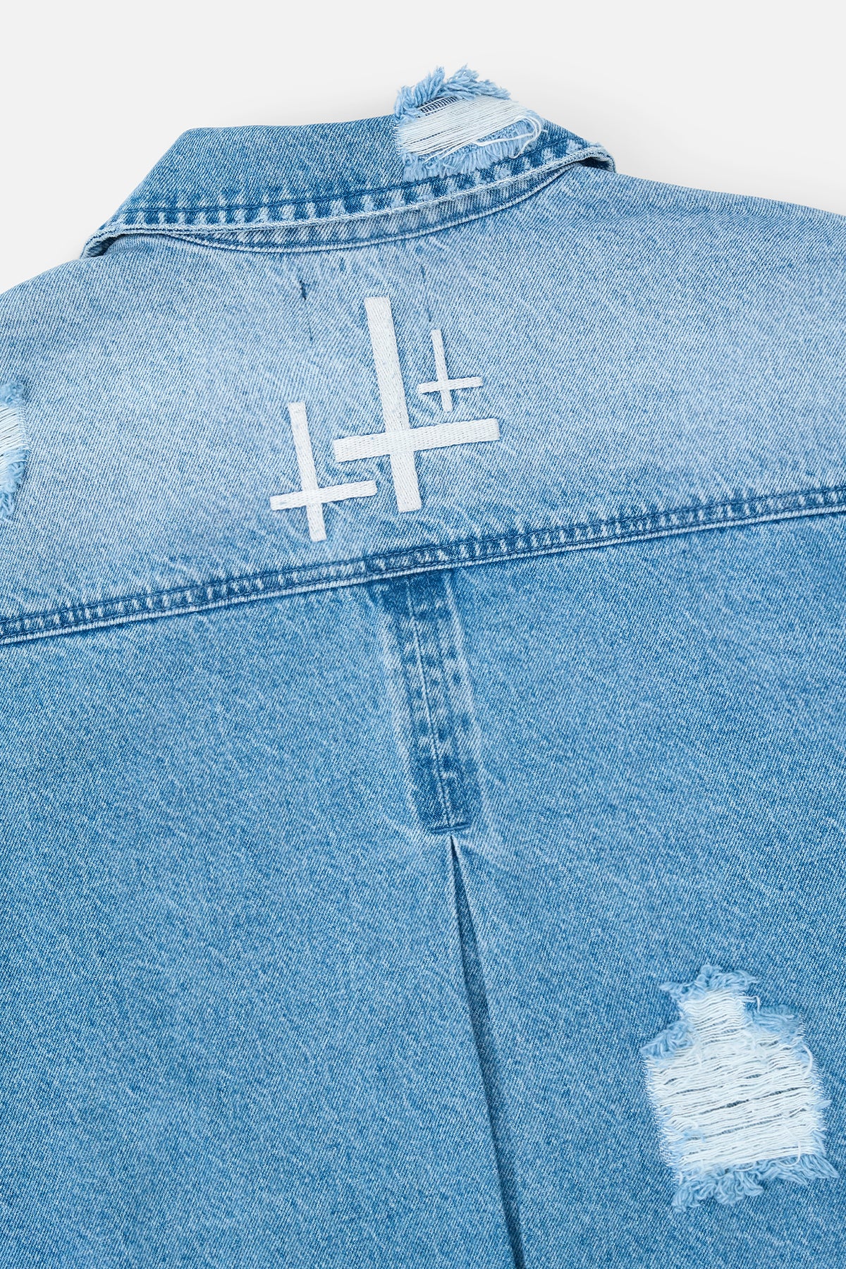 Glacier Blue Cotton Jacket - Close-Up Back Detail with Triple Cross Embroidery | RTA