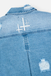 Glacier Blue Cotton Jacket - Close-Up Back Detail with Triple Cross Embroidery | RTA