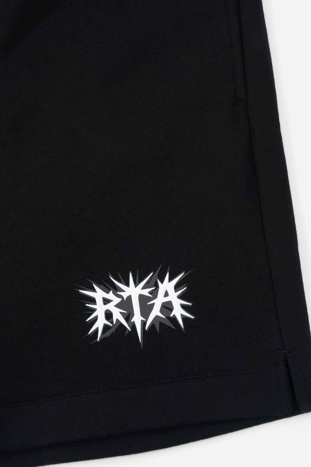 White Spike RtA Logo on Black Cotton Shorts - Hem Detail | RTA