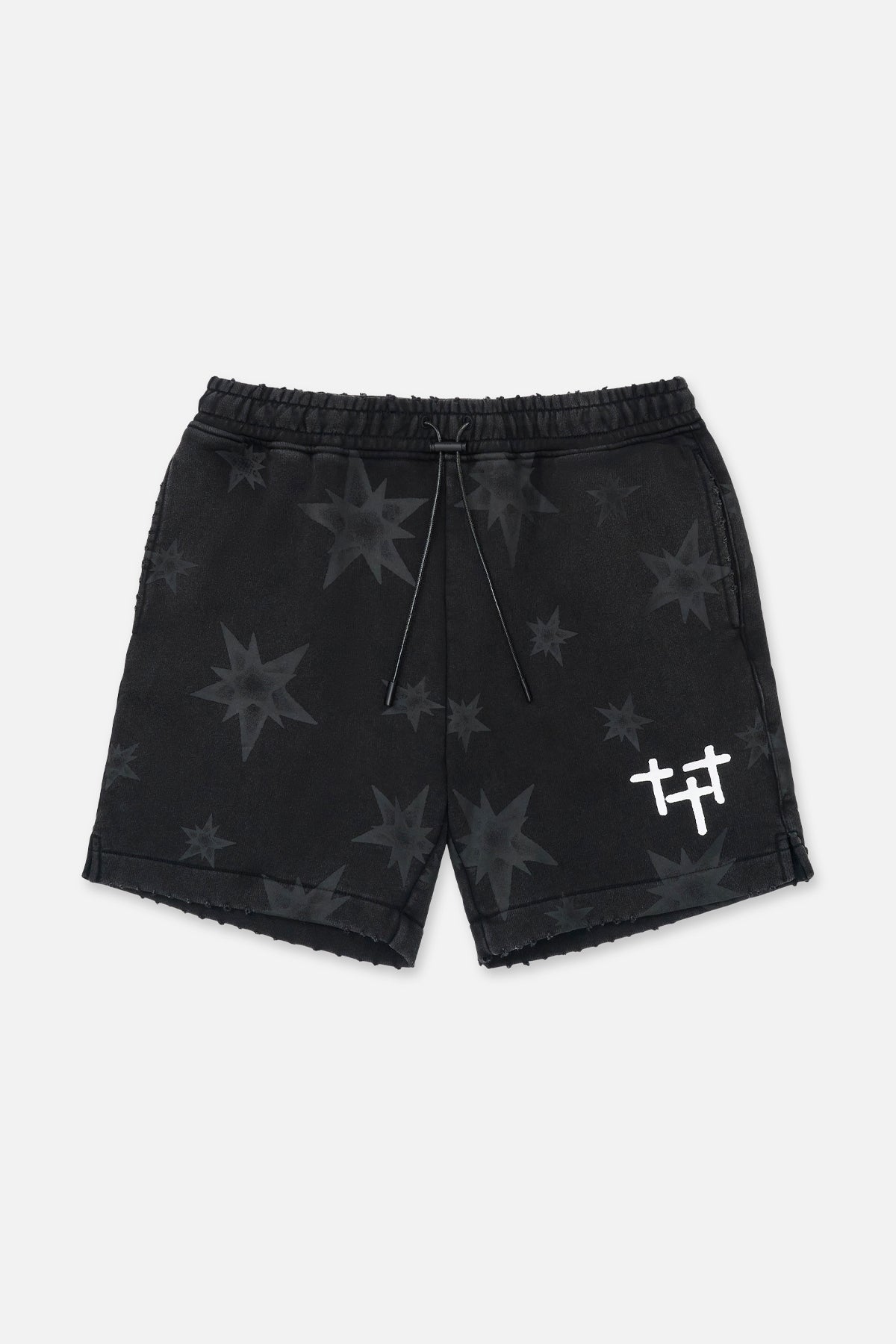 Black Cotton Streetwear Shorts with Tonal Star Print - Front View | RTA
