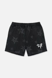 Black Cotton Streetwear Shorts with Tonal Star Print - Front View | RTA