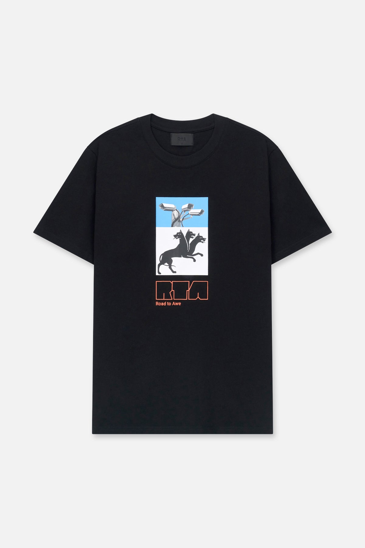 Black Cotton Liam Short Sleeve Tee with Cerberus Graphic - Front View | RtA