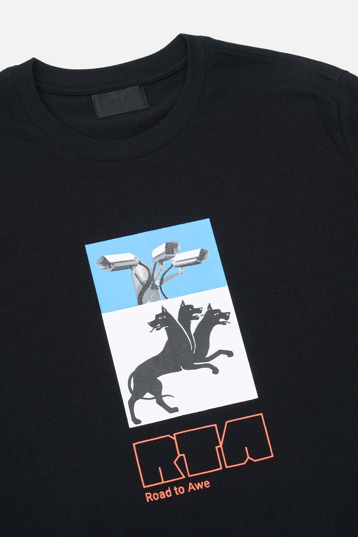 Black Cotton Streetwear Tee Cerberus Graphic Detail - Close-Up | RtA