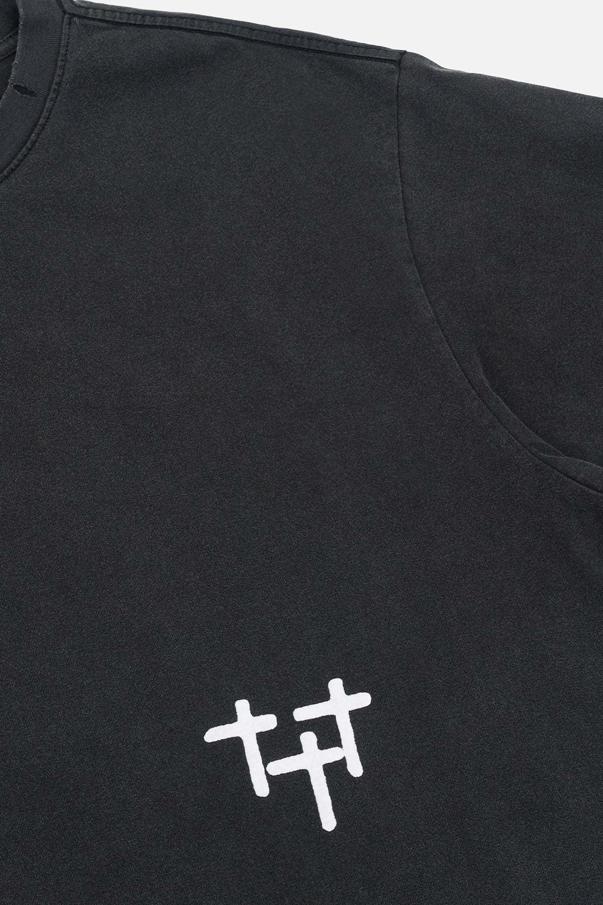 Black Oversized Tee Triple Cross Graphic - Front Detail Close-Up | RTA
