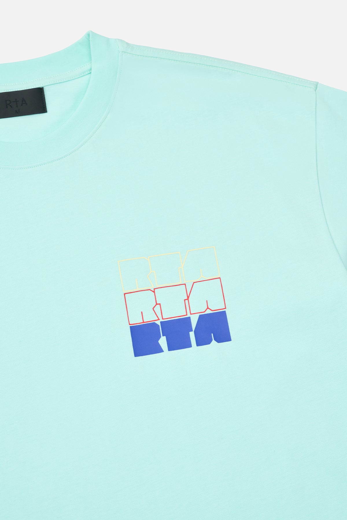 Turquoise Cotton Colin Oversized Tee RtA Stacked Logo Detail - Close Up View | RTA