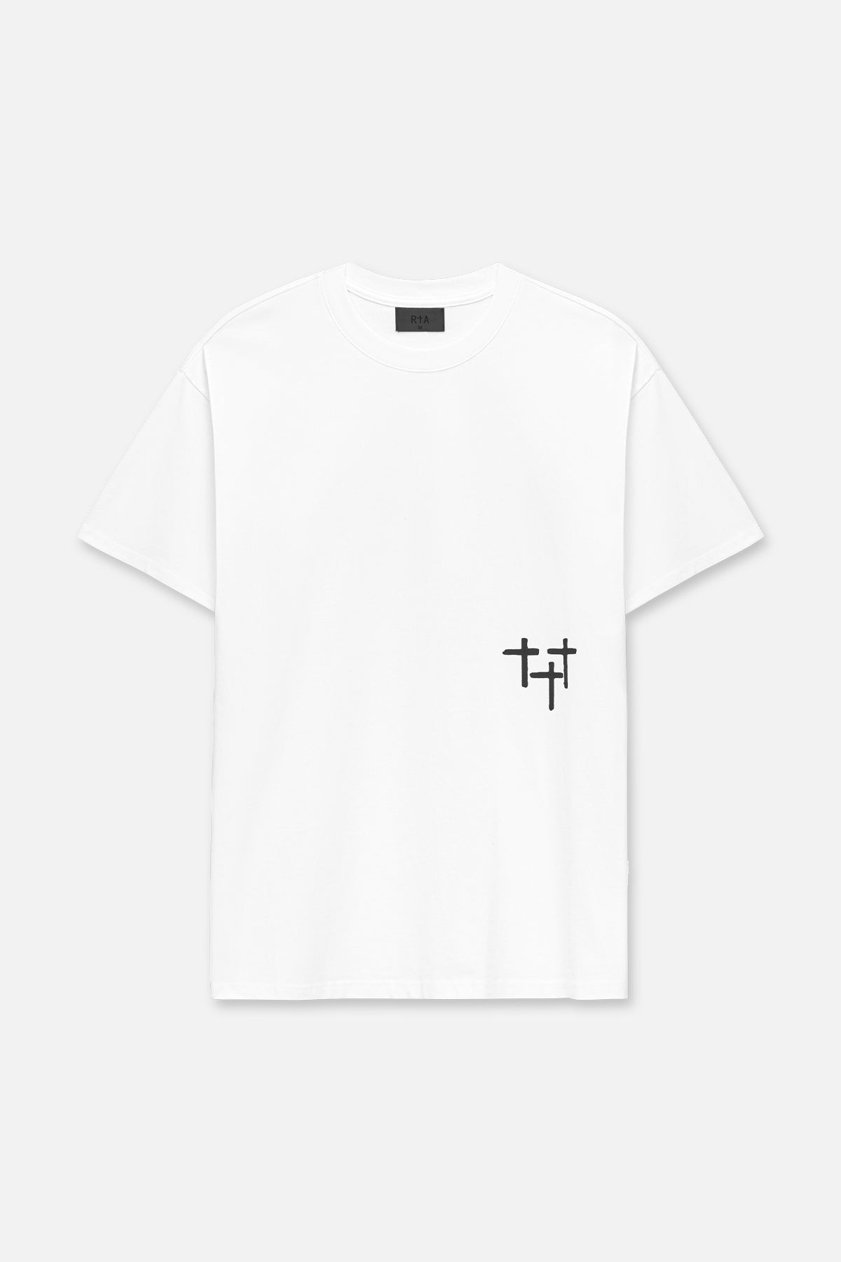 White Cotton Colin Oversized Tee with Triple Cross Graphic - Front View | RTA