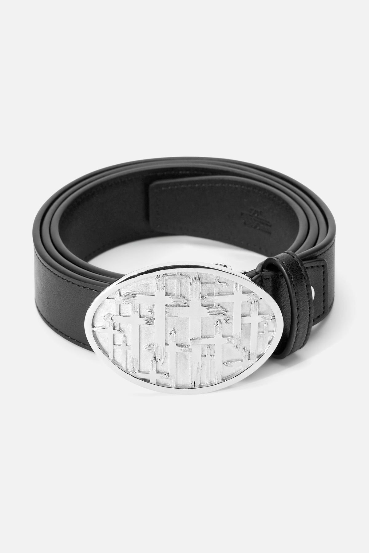 Black Leather Ysen Cross Belt - Coiled Front View with Silver Oval Cross Buckle | RTA