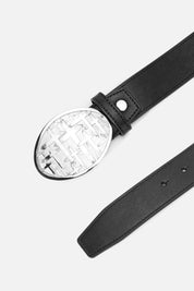 Black Leather Ysen Cross Belt - Buckle Hardware Detail with Embossed Cross Motif | RTA