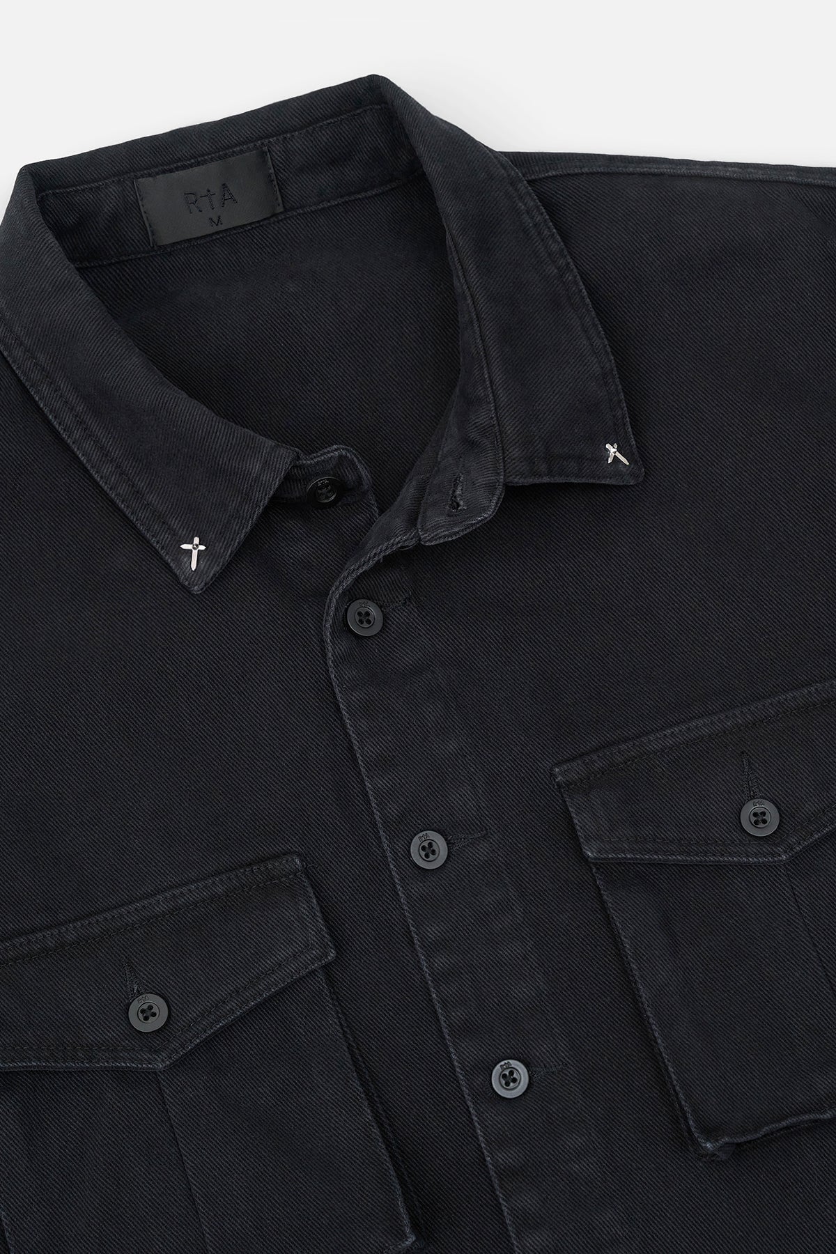 Black Denim Shirt Cross Rivets Detail - Collar View | RtA