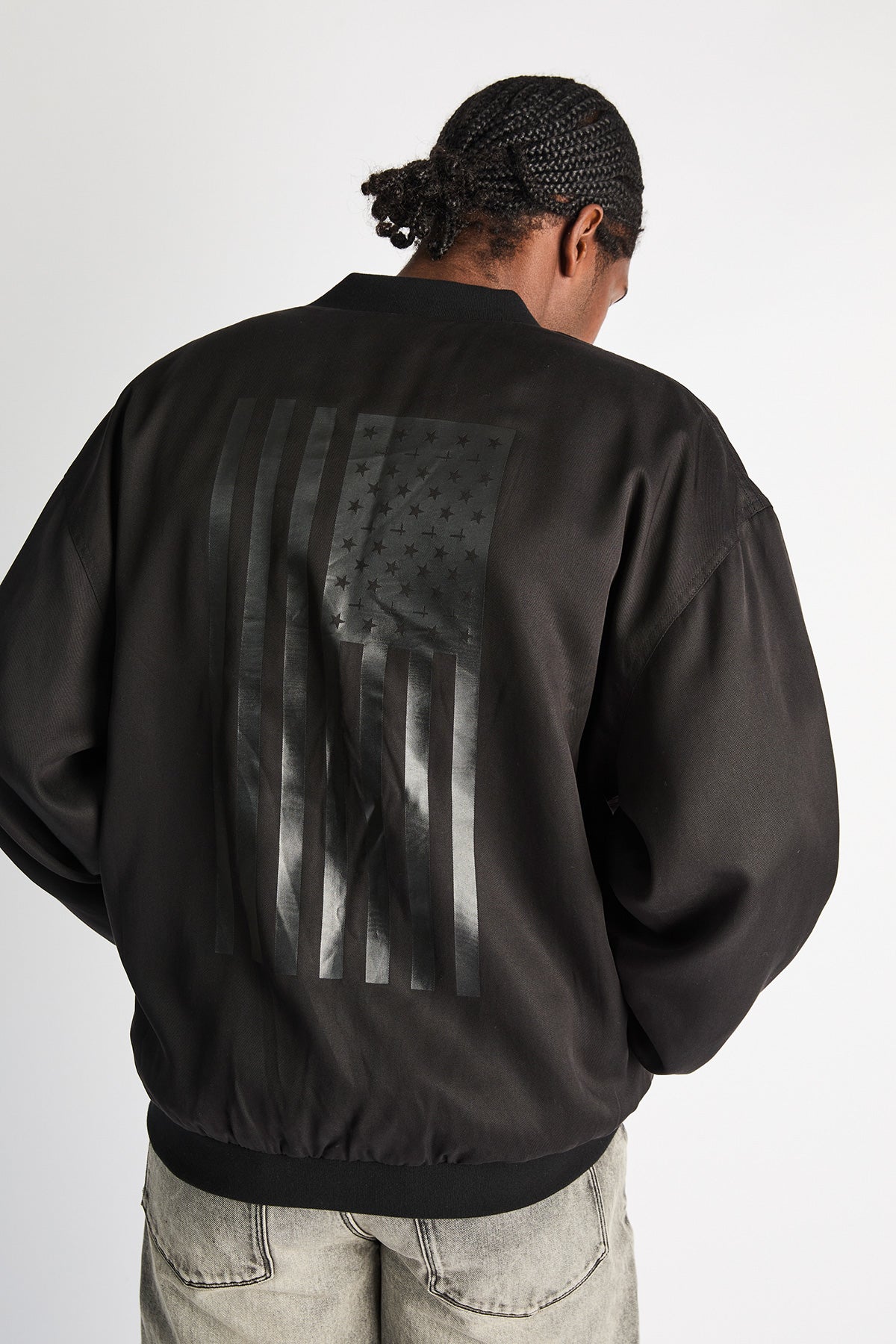 Black Leonard Bomber Jacket - Back View On Model | RTA