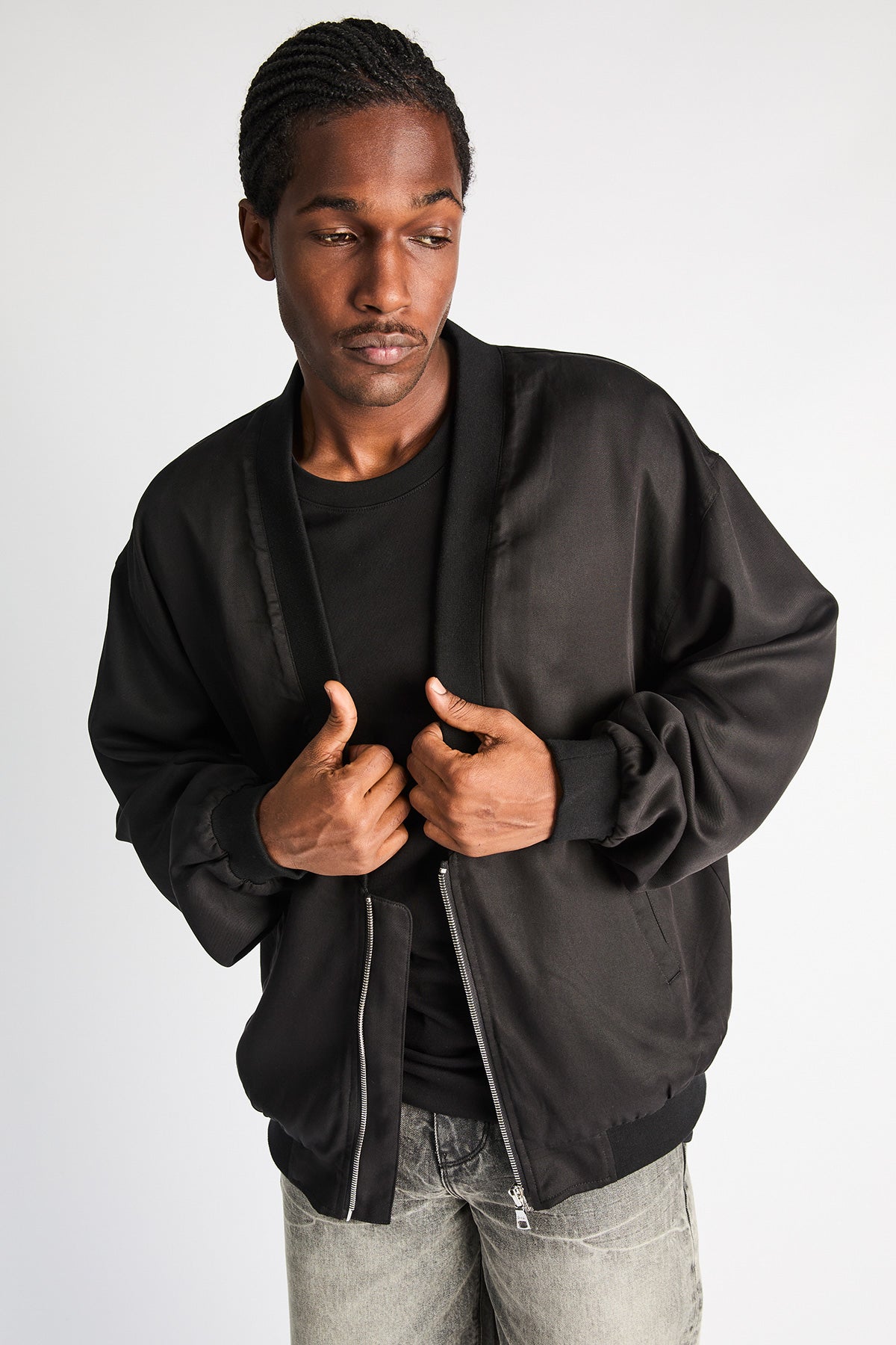 Black Leonard Bomber Jacket - Front View On Model | RTA