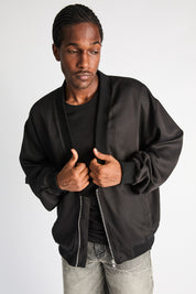 Black Leonard Bomber Jacket - Front View On Model | RTA
