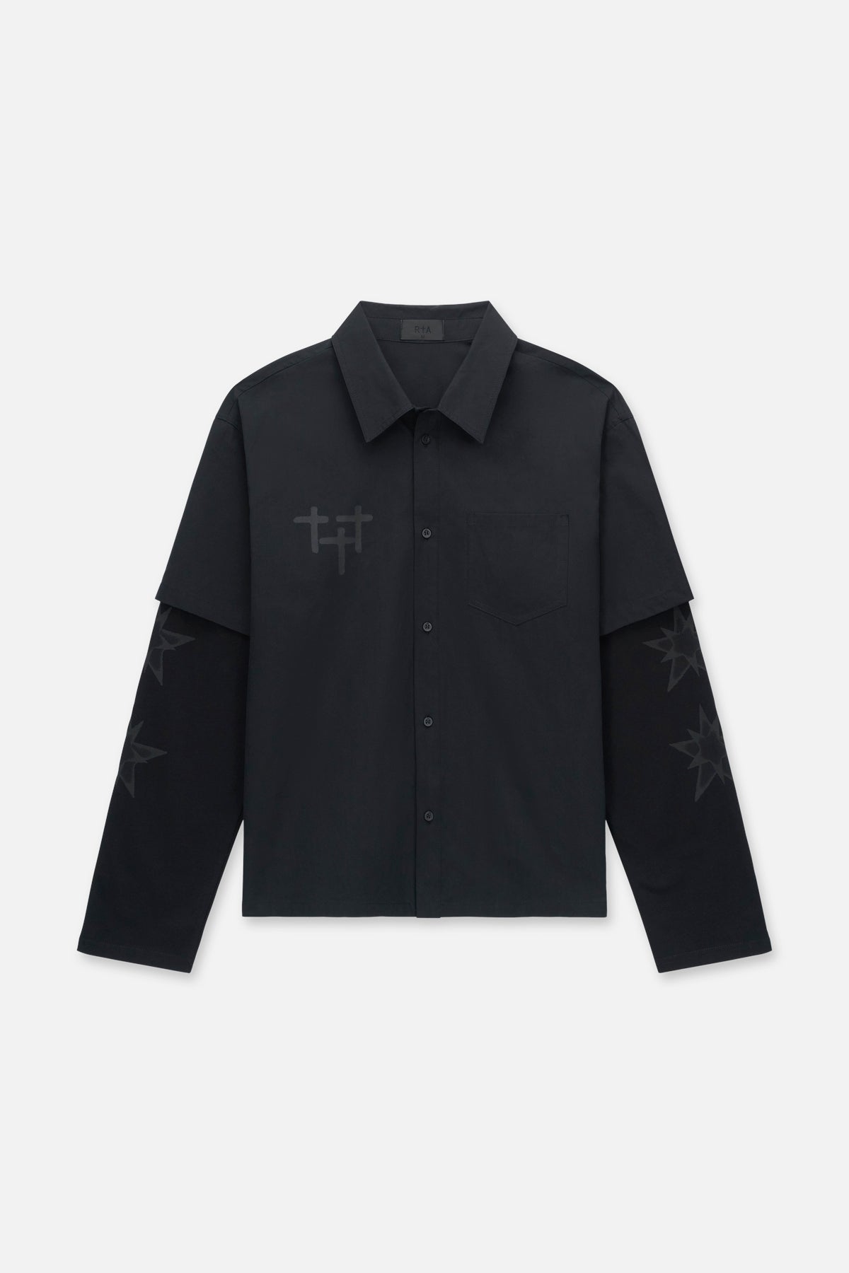 Black Cotton Erik Double Layered Shirt with Cross Graphics - Front View | RTA