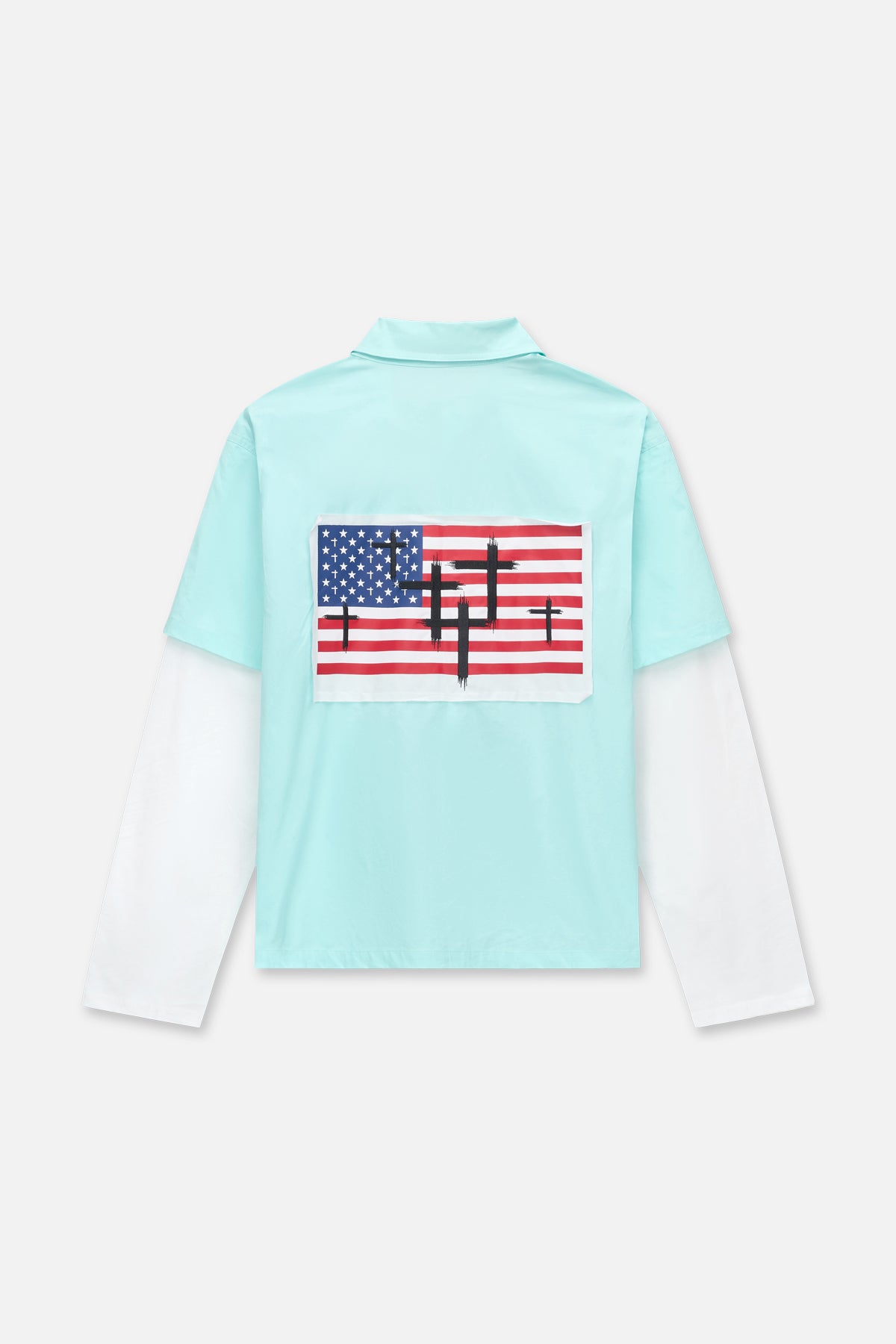 Light Blue Cotton Erik Double Layer Shirt with American Flag Cross Print - Back View Flat Lay | RTA