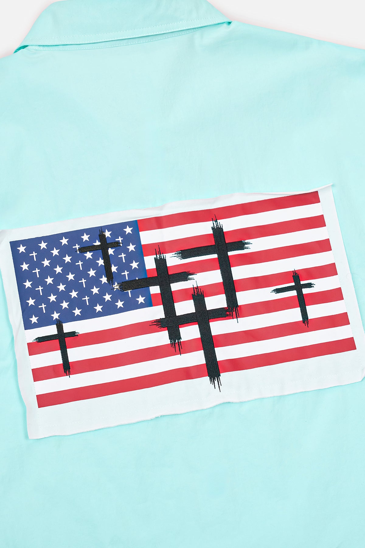Light Blue Cotton Erik Double Layer Shirt - Back American Flag Cross Print Close-Up Detail | RTA