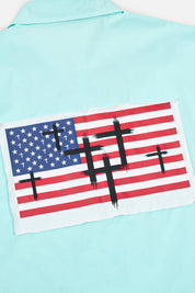 Light Blue Cotton Erik Double Layer Shirt - Back American Flag Cross Print Close-Up Detail | RTA