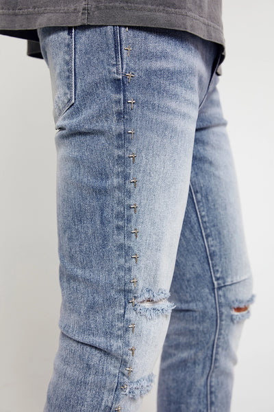 BRYANT STUDDED SKINNY JEAN | RIPPED MEDIUM BLUE CROSS