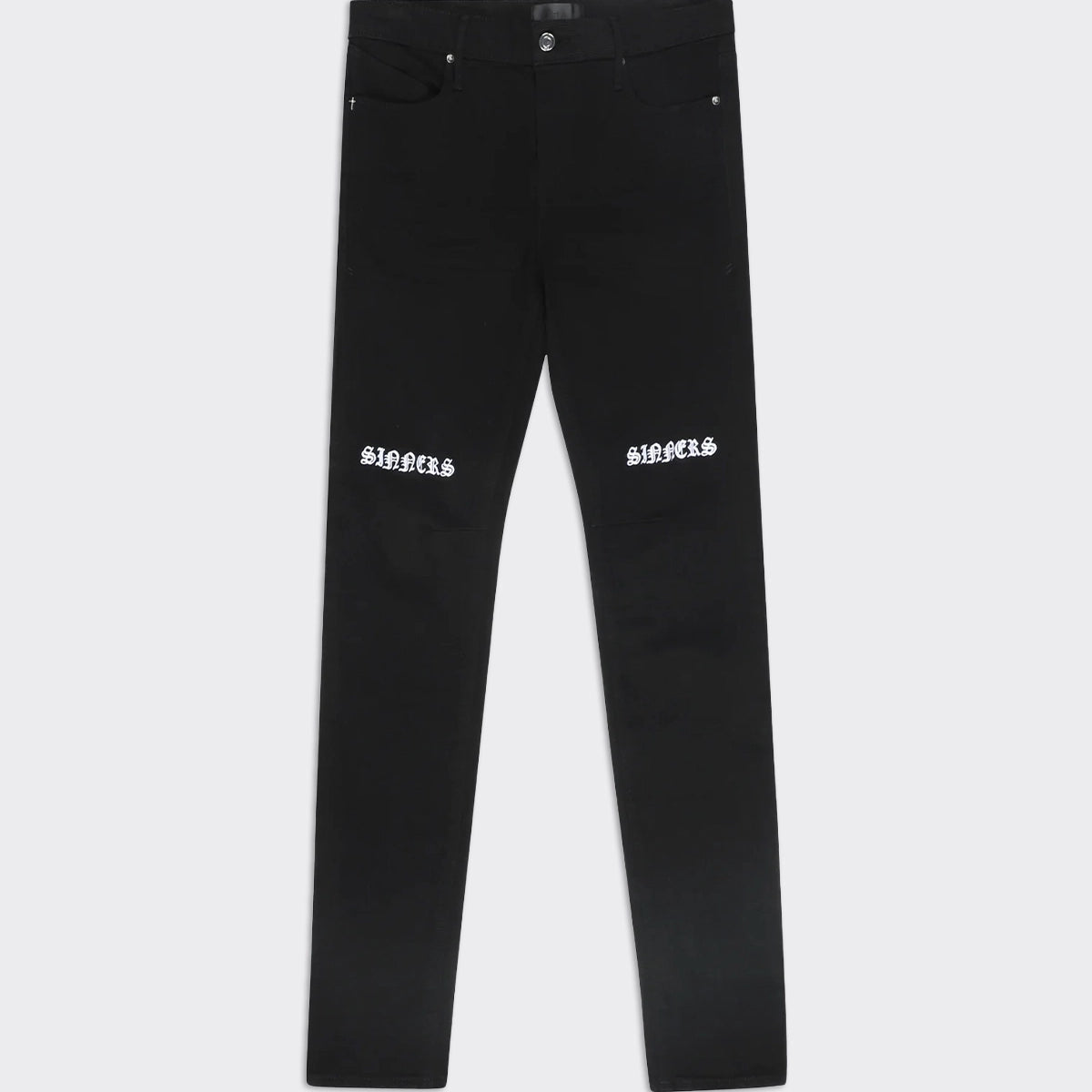 Black Denim Bryant Skinny Jeans with White SINNERS Knee Embroidery - Front View | RTA