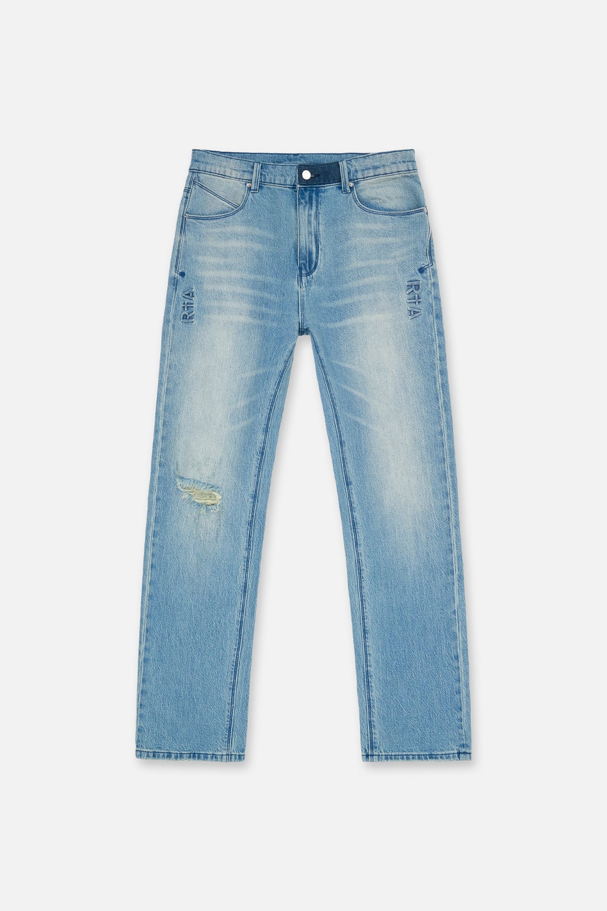 Dust Mist Light Wash Denim Slim Fit Jeans - Front Flat Lay, RTA Logo Embroidery | RTA