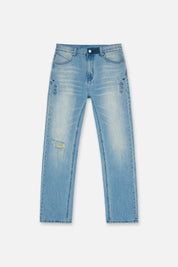Dust Mist Light Wash Denim Slim Fit Jeans - Front Flat Lay, RTA Logo Embroidery | RTA