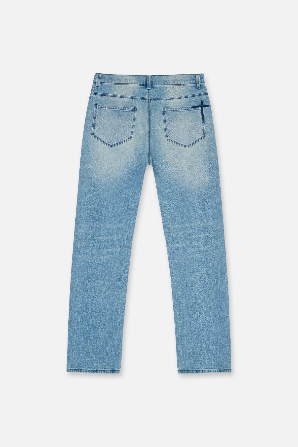 Dust Mist Light Wash Denim Slim Fit Jeans - Back Flat Lay, Cross Embroidery Pocket | RTA