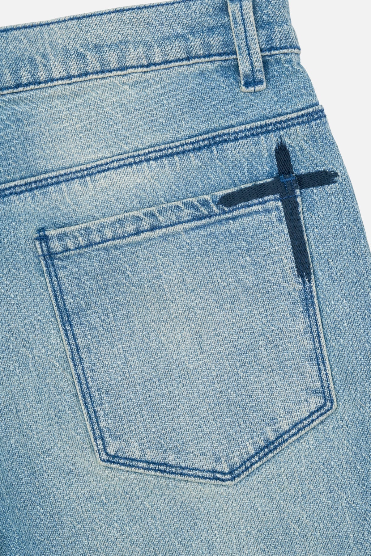 Dust Mist Light Wash Denim - Back Pocket Cross Embroidery Detail | RTA