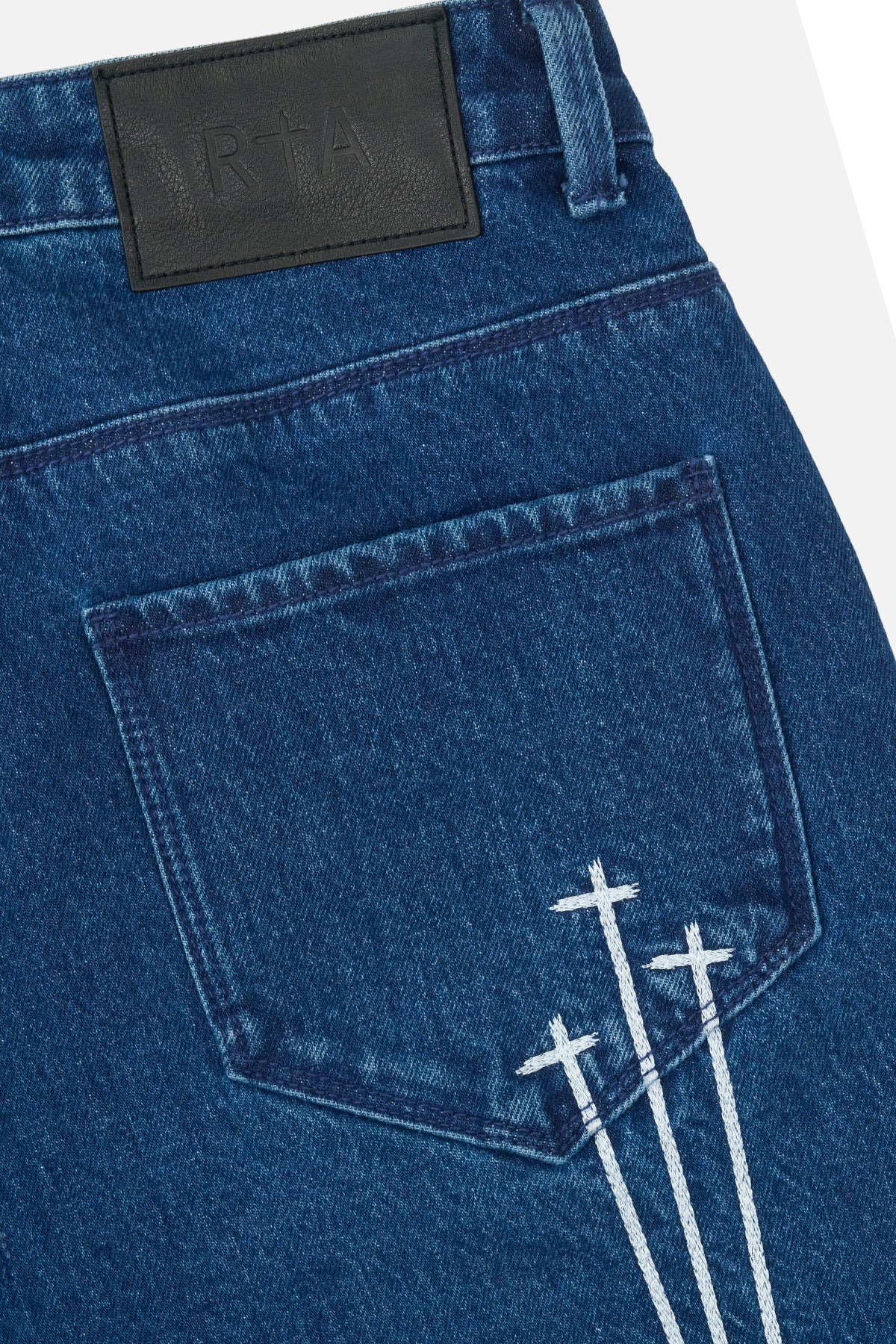 Royal Blue Denim Jean Triple Cross Embroidery Back Pocket Detail - Close-Up | RTA