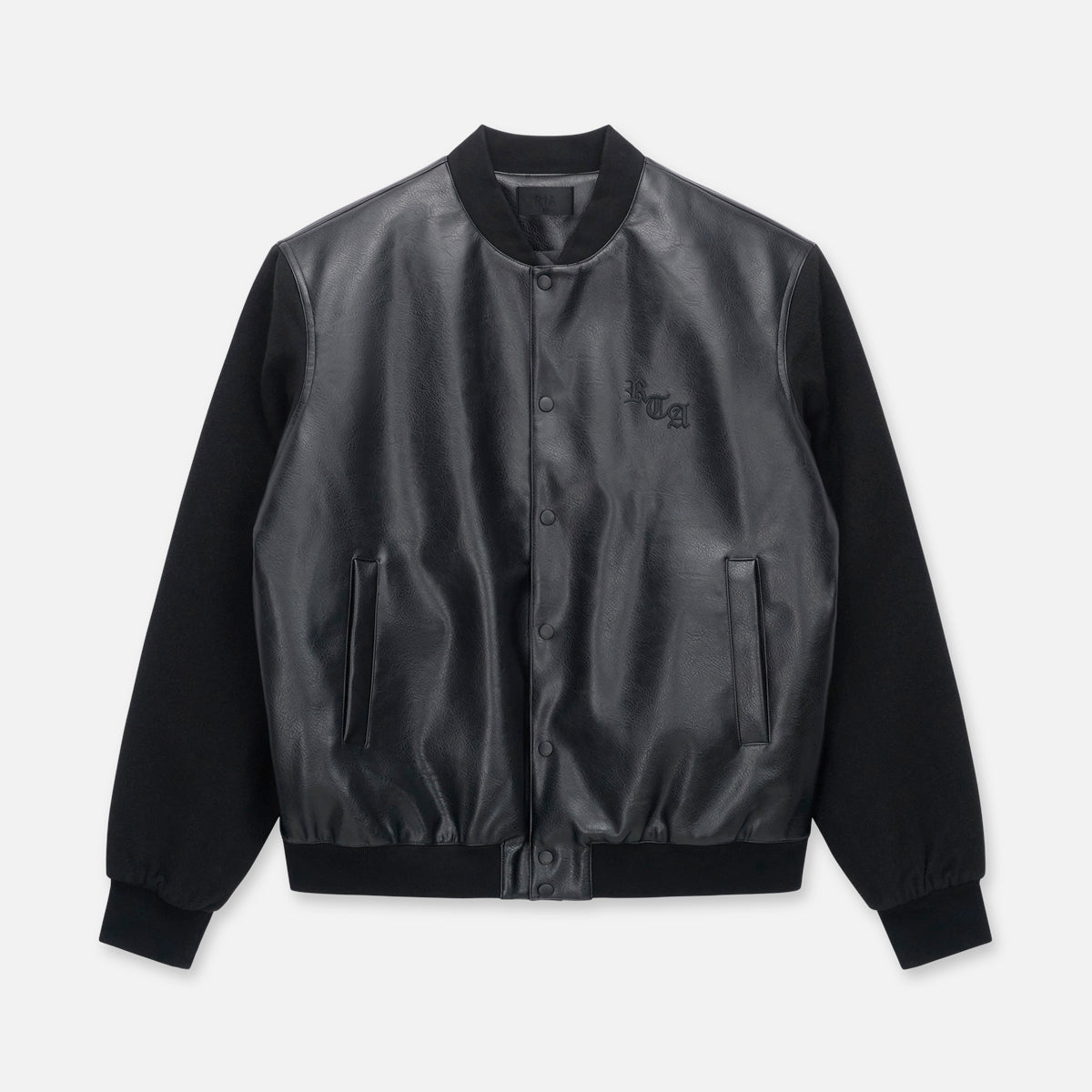 Black Leather Varsity Jacket - Front View, Snap Placket, Old English Logo | RTA