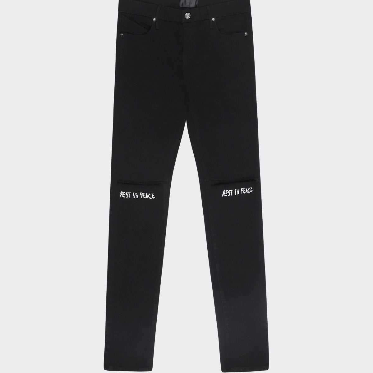 Black Denim Bryant Skinny Jeans - Front View Rest In Peace Graphic | RTA