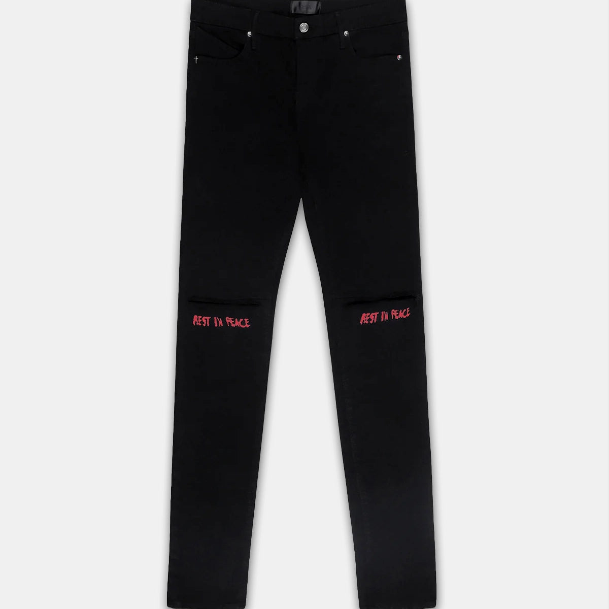 Black Bryant Skinny Jeans with Red Rest In Peace Text - Front Flat Lay | RTA