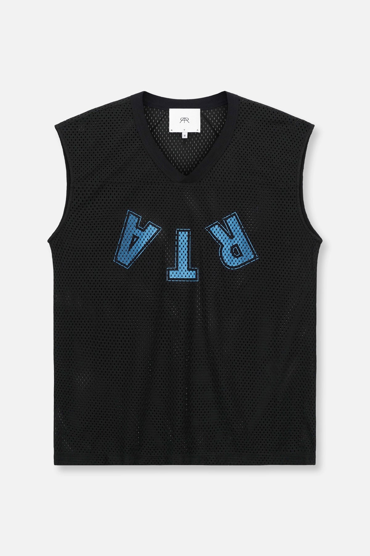 V-NECK SLEEVELESS MESH TEE | BLACK UPSIDE DOWN LOGO